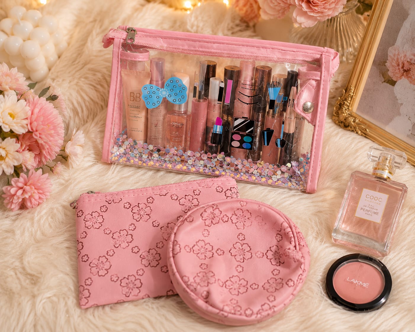 3-in-1 Floral Makeup Bag Set with Transparent Glitter Pouch| Simple Store