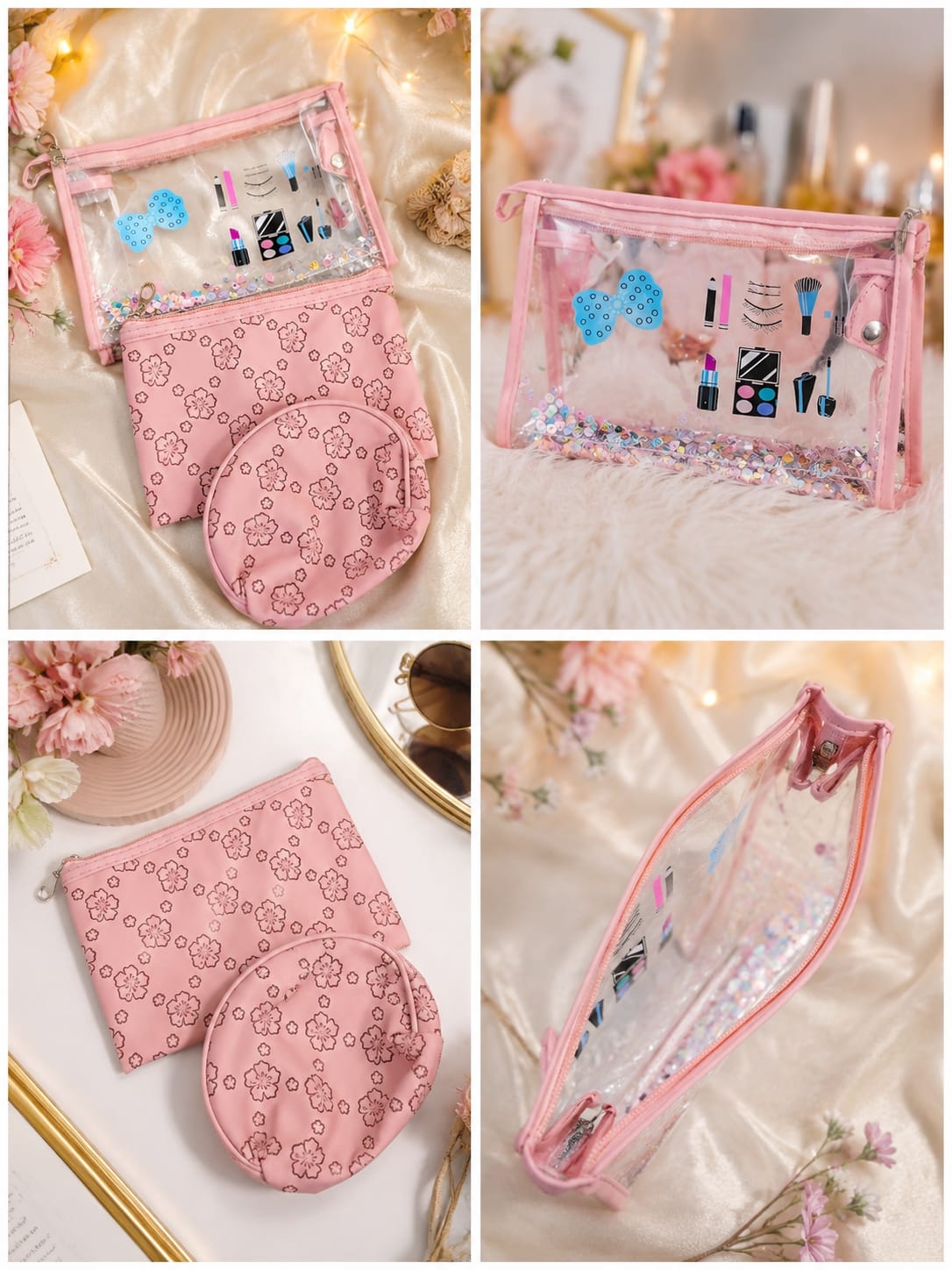 3-in-1 Floral Makeup Bag Set with Transparent Glitter Pouch| Simple Store