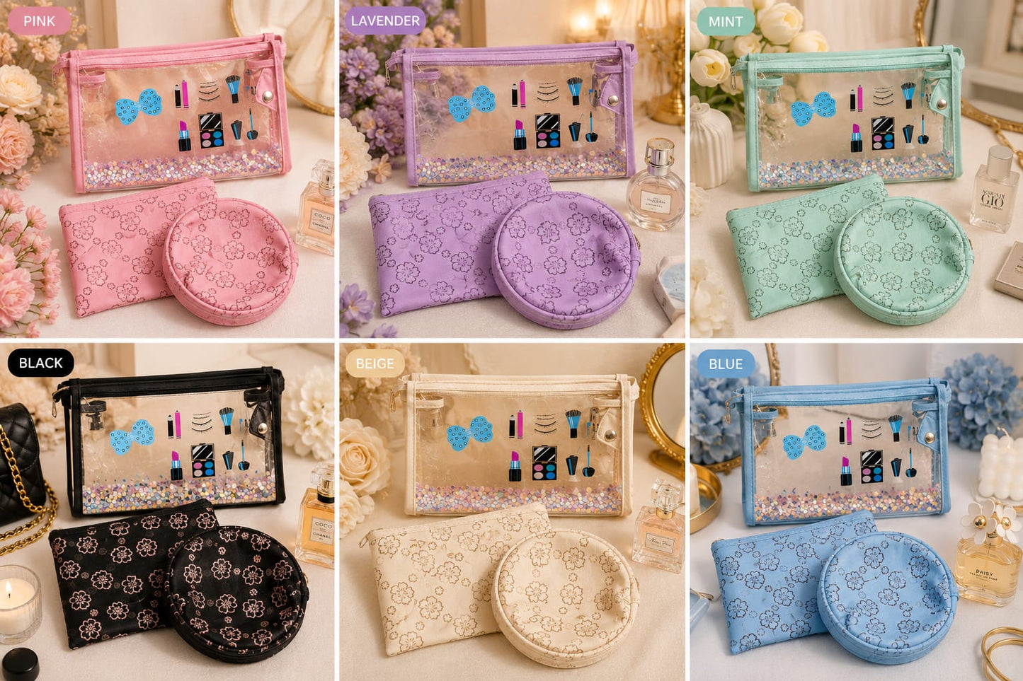3-in-1 Floral Makeup Bag Set with Transparent Glitter Pouch| Simple Store