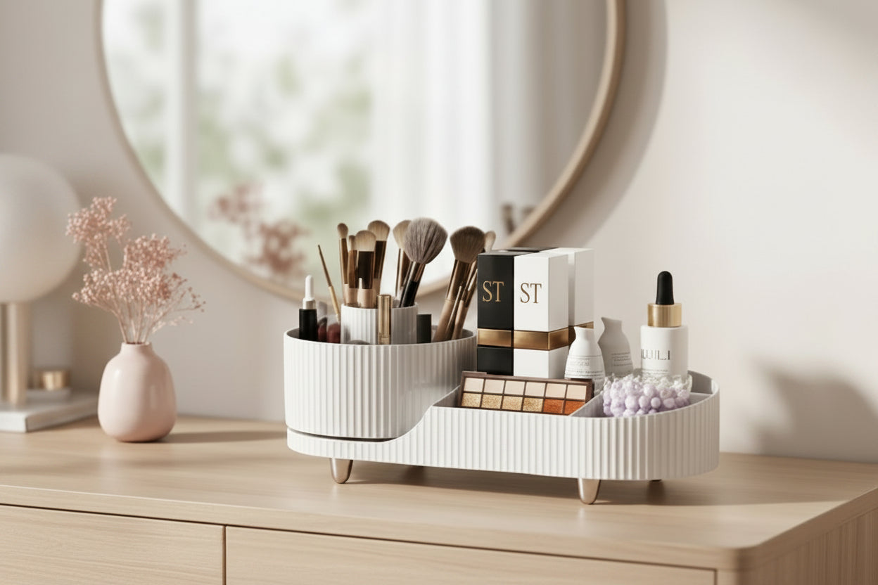 Rotating Makeup Organizer with Tray| Vanity Storage for Brushes, Lipsticks & Cosmetics