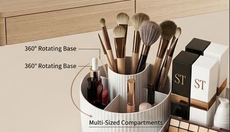 Rotating Makeup Organizer with Tray| Vanity Storage for Brushes, Lipsticks & Cosmetics