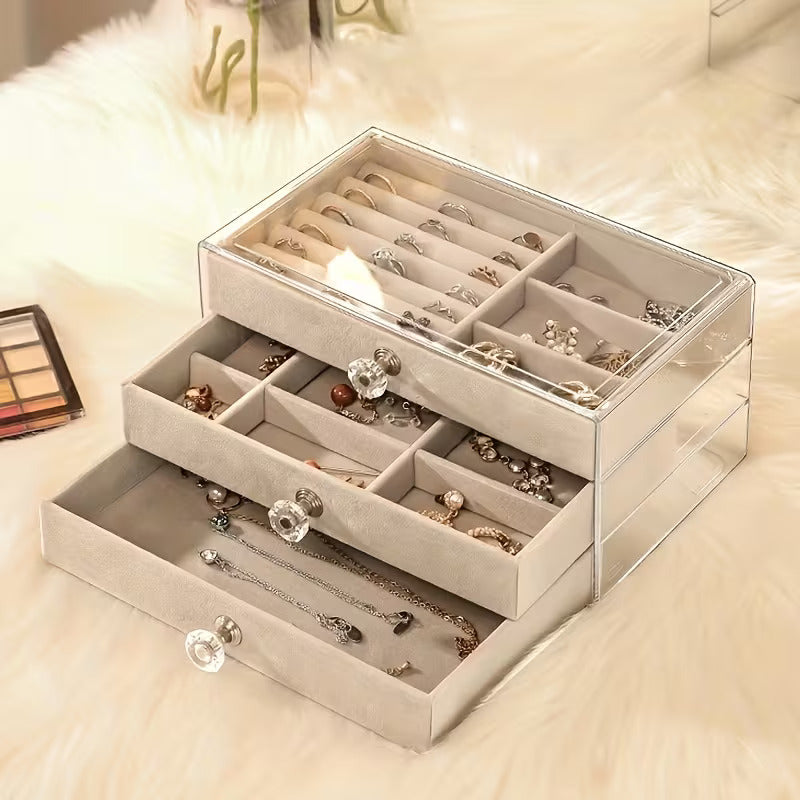 Luxury Velvet Jewelry Organizer Box with Drawers | Dustproof Ring, Necklace & Accessories Storage Case